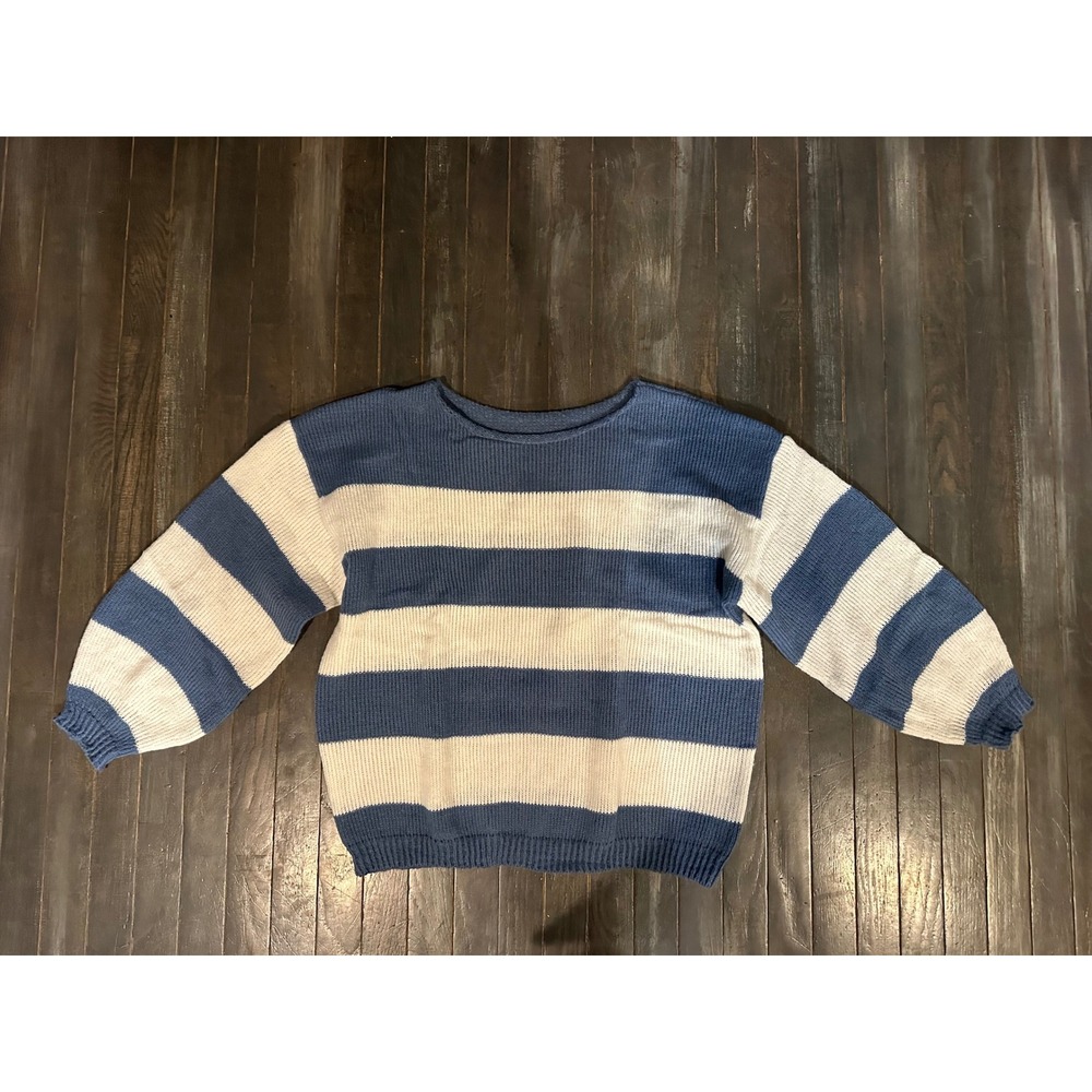 Blue and White Striped Oversized Knit Sweater Crew Neck Nautical Pullover